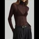 thumbnail image 5 of Top de Larga Ajustado de de Color Liso con Cuello Alto para Mujer, Camisa Transparente. Marrón Oscuro M, 5 of 7