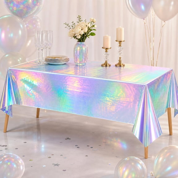 Holographic Iridescent Party Tablecloth, Plastic Glittering Disposable Table Cover for Birthday and Wedding, Waterproof Roll for 6-Foot Tables