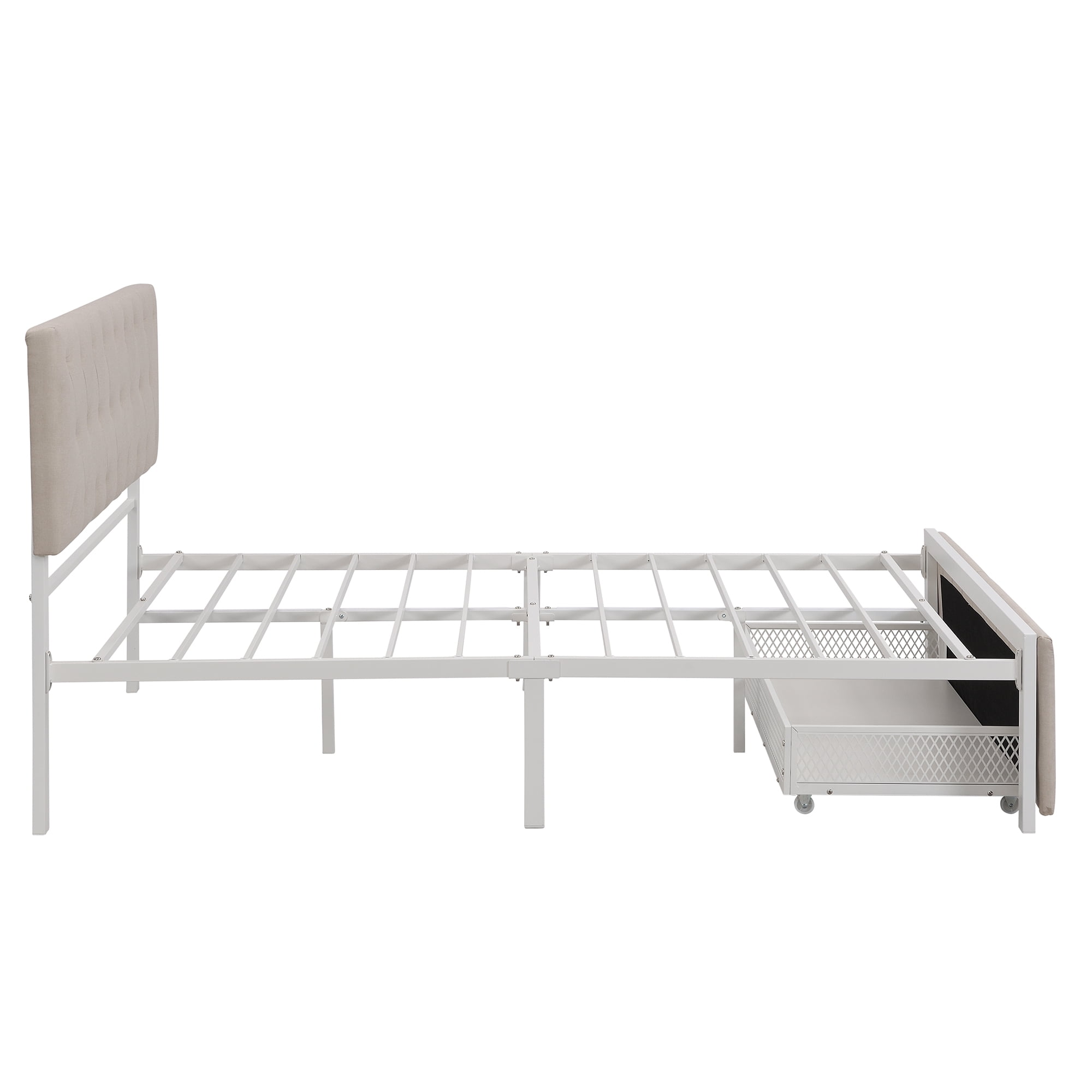 SEVENTH Full Size Modern Linen Platform Bed with Storage Drawer, Beige