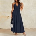 thumbnail image 2 of LWavelet Womens Halter V Neck Tiered Maxi Dress Summer Beach Vacation Daily Casual Dress Dark Blue M, 2 of 5
