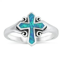 CHOOSE YOUR COLOR Blue Simulated Opal Cross Oxidized Ring .925 Sterling Silver Band CZ Female Size 9