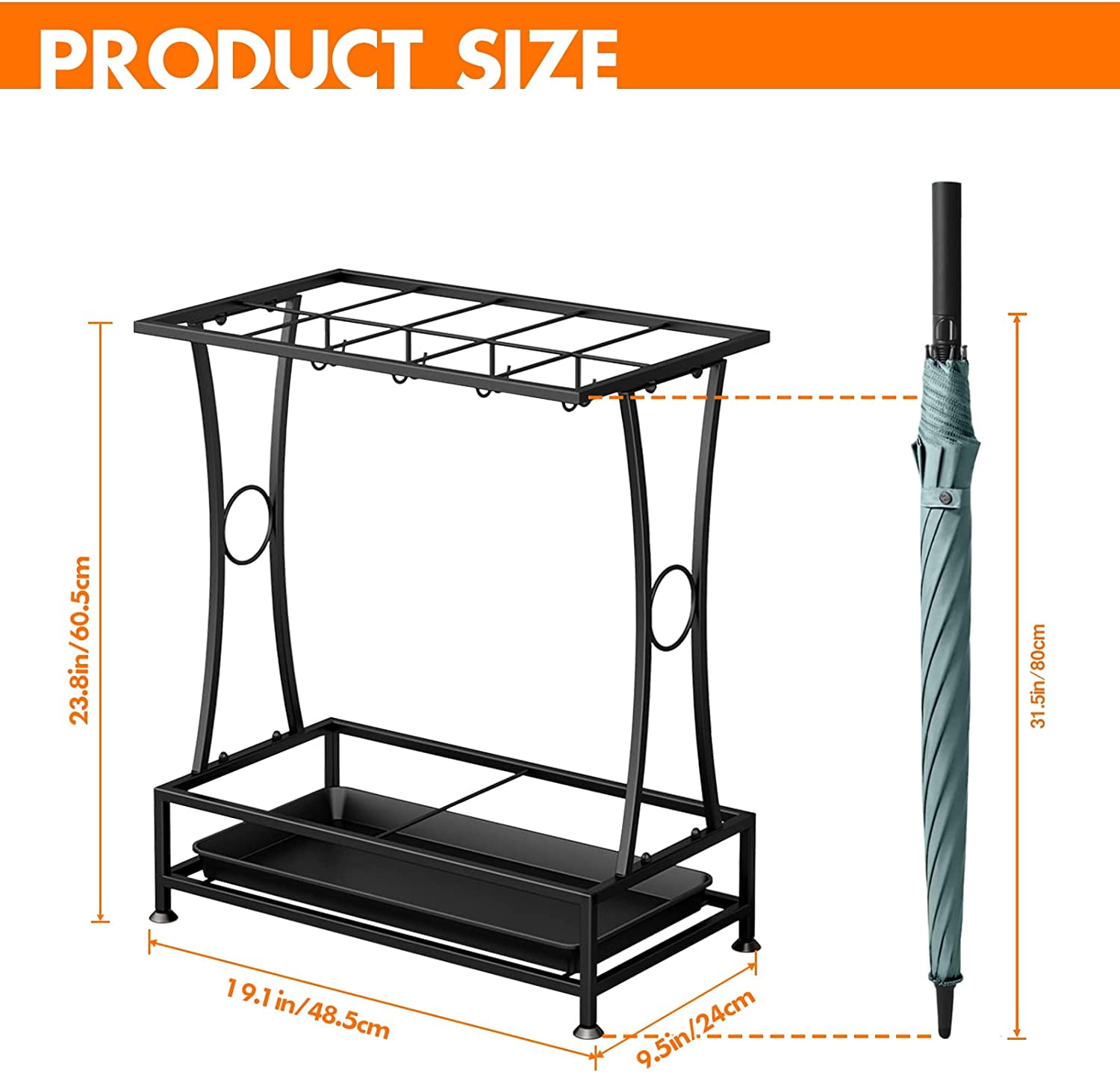 Metal Umbrella Holder Stand with Removable Drip Tray, Industrial Free Standing Umbrella Rack Organizer for Entryway Home Office Patio Decor
