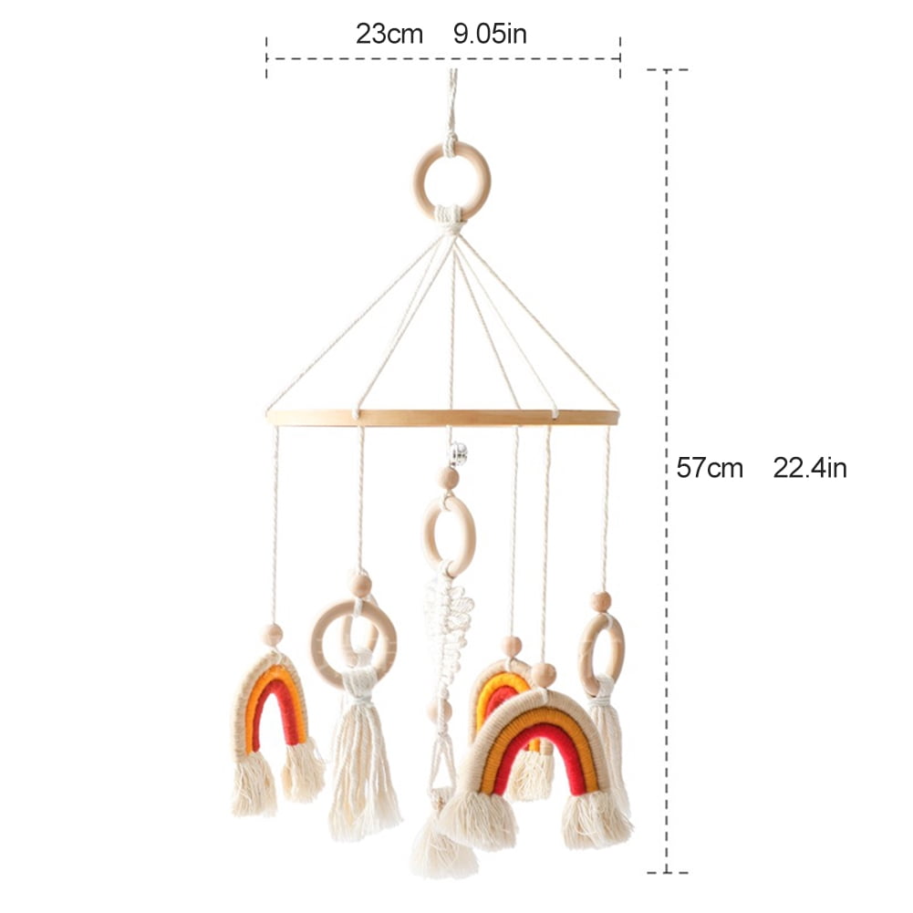 Rainbow Crib Bell – Baby Bed Hanging Wind Chime with Tassels & Wooden Rings, Rotating Swaying Bell for Newborn, Infant Sensory & Nursery Room Decoration