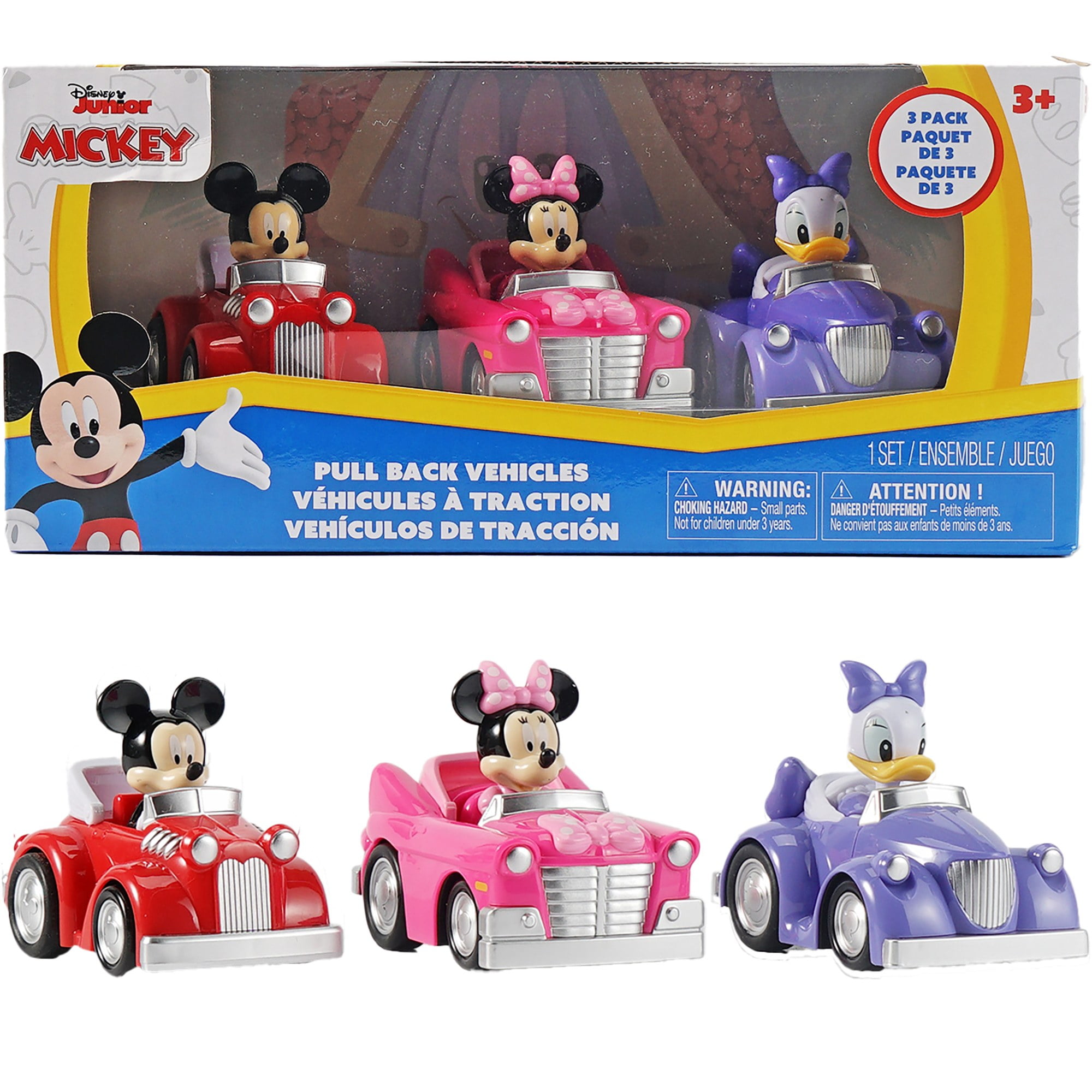 Disney Junior: 3 Pack Pull-Back Toy Vehicles - Mickey, Minnie & Daisy - 3.75" Cars, 3 Characters, Friction Vehicle Toy Playset, Toddlers & Kids Age 3+
