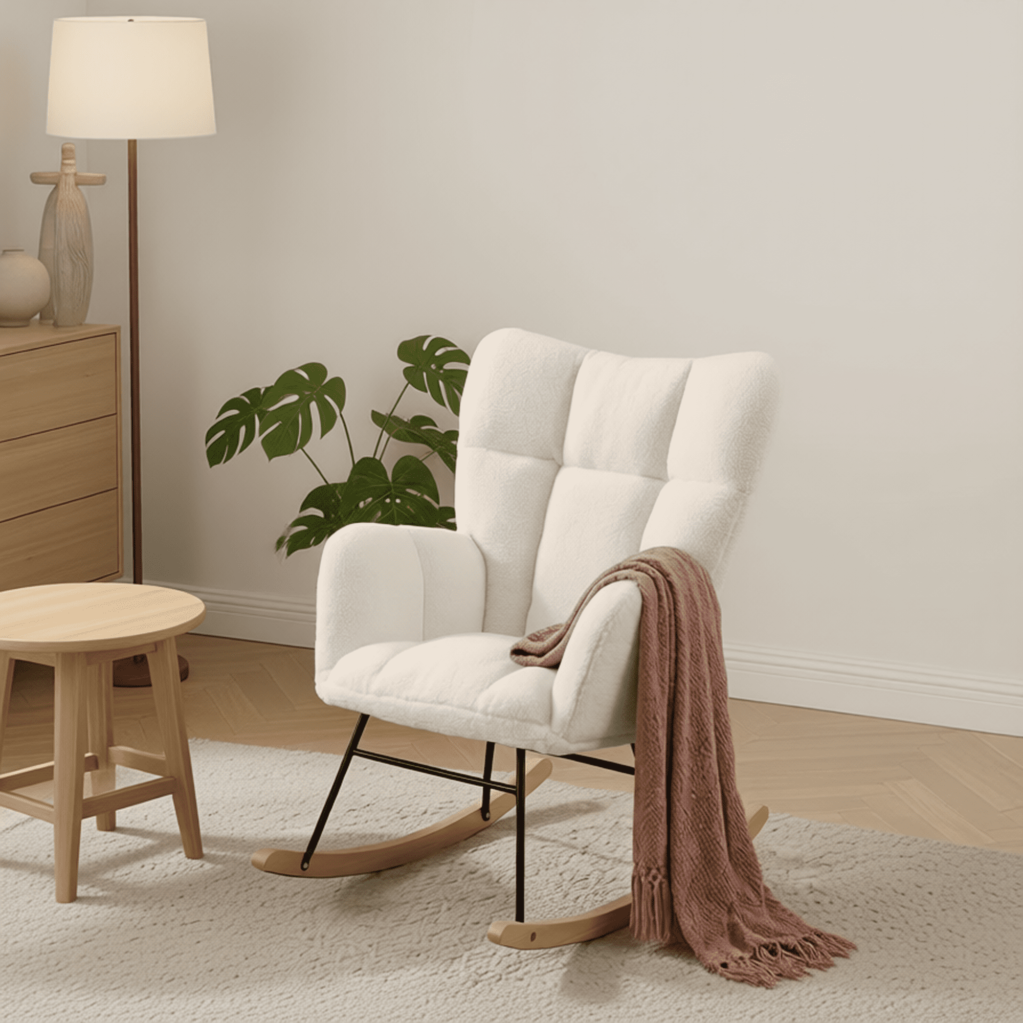 Cream Teddy Fabric Rocking Chair with High Back and Tufted Design, Soft ...
