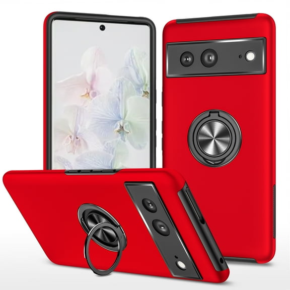 for Google Pixel 7 Case with Ring Stand, 360° Rotatable Ring Holder Magnetic Kickstand, 2-Layer Heavy Duty Shockproof Rugged Hybrid Hard PC Soft Rubber Case for Google Pixel 7, Red