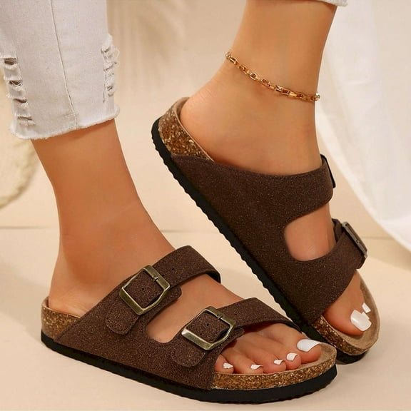 Women's Double Buckle Slip-On Sandals with Adjustable Straps and Comfortable Cork Footbed for All-Day Wear