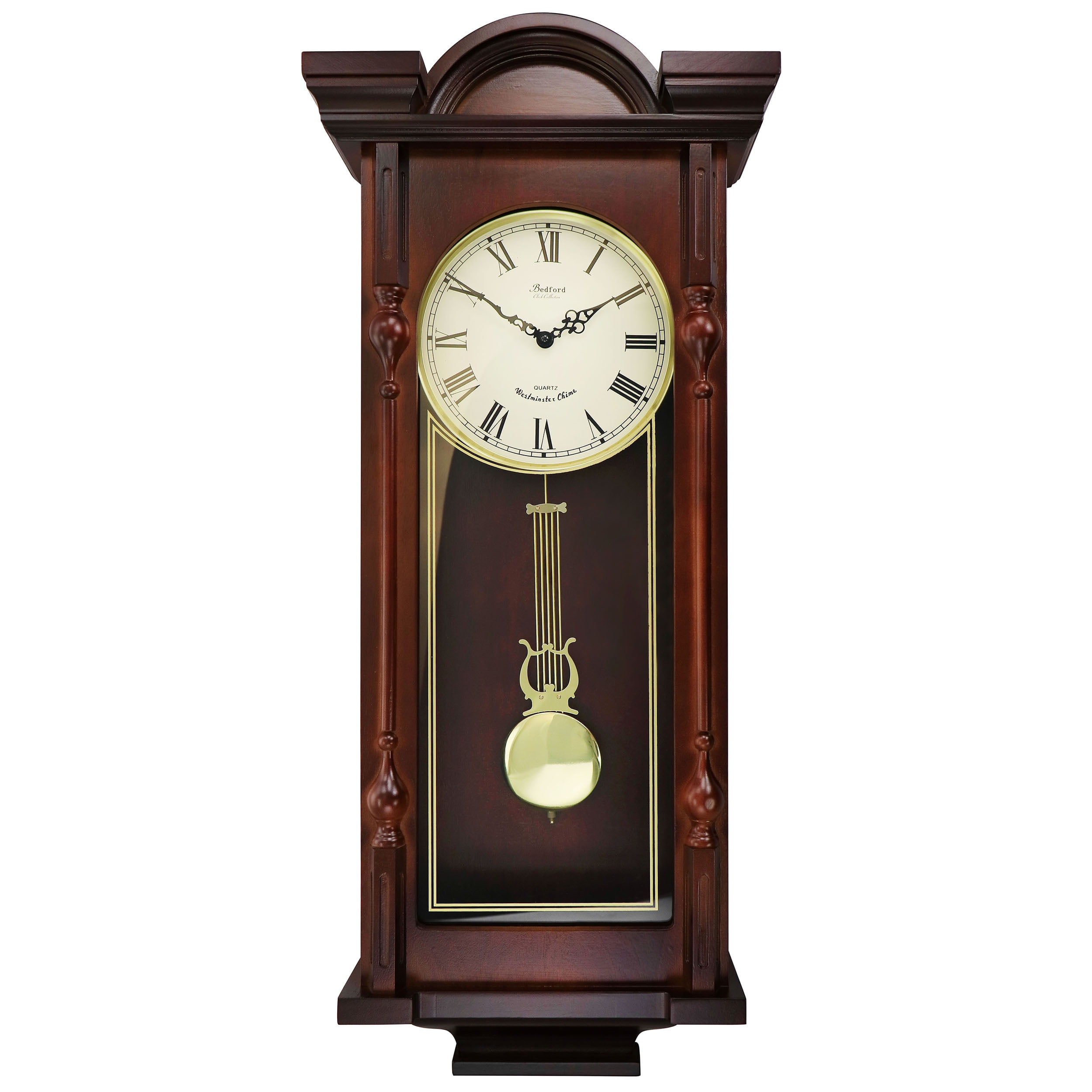 Bedford Clock Grand 31 inch Analog Chiming Pendulum Wall Clock in Mahogany  Cherry 