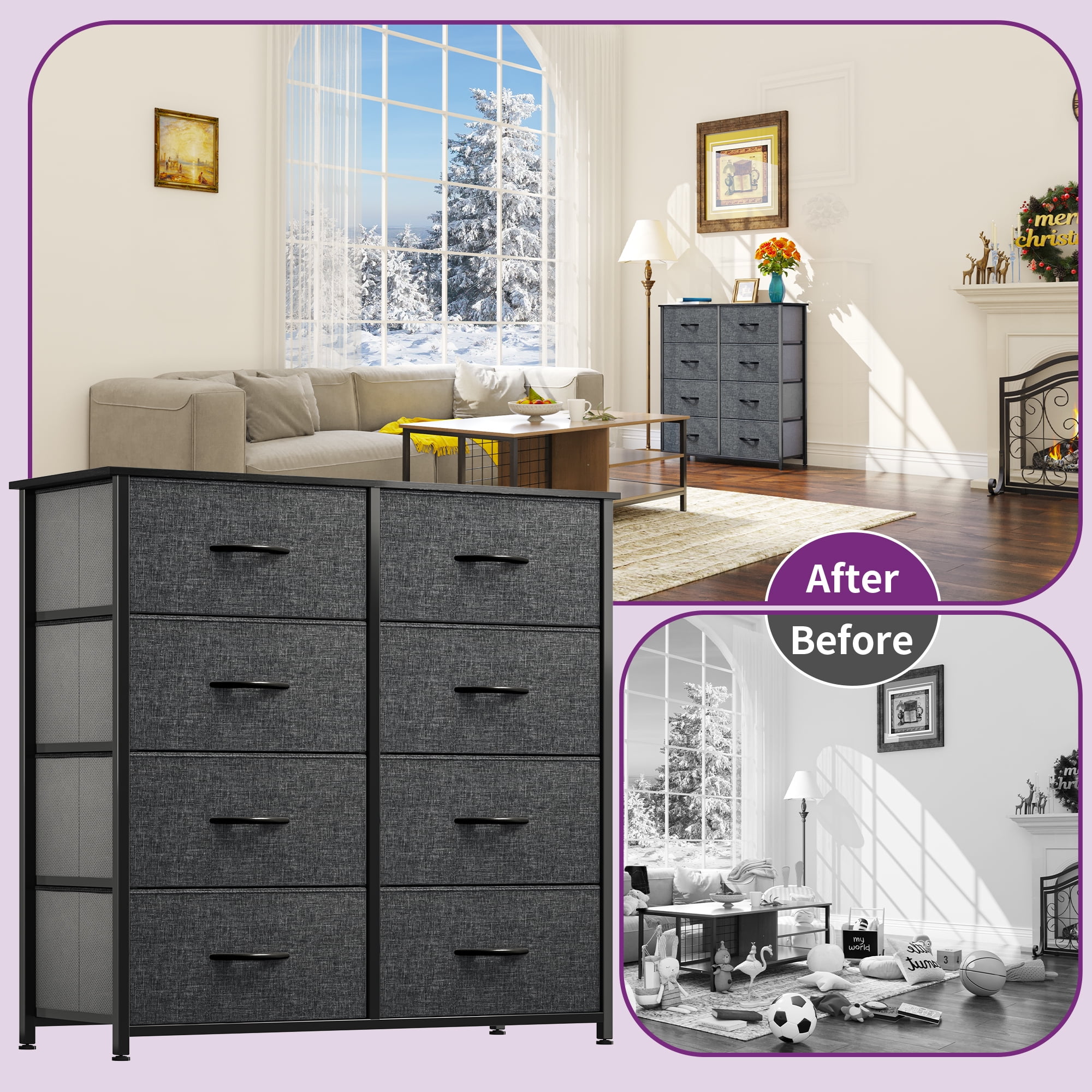 Dextrus 8 Drawers Bins Organizer Tower Dresser, Black Gray