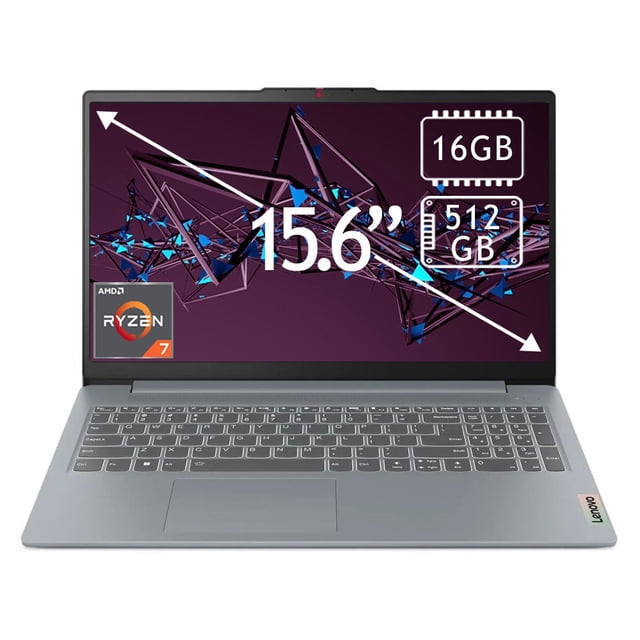 laptop lenovo ideapad slim 15.6" 82xm0151in ryzen 7 16gb 512gb gris, vista frontal centrada con pantalla FHD de 15.6", teclado retroiluminado y cámara web en el marco superior; chasis gris plata, touchpad amplio y pegatina Ryzen; en pantalla se muestran iconos de 16 GB RAM y 512 GB SSD. Suele usarse también para teletrabajo y multimedia en movilidad.