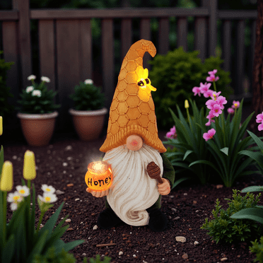 11.3" Big Solar Garden Gnomes Outdoor Decorations Bee Gnome Statue with Honey Lights for Yard, Patio, Lawn Ornaments - Best Garden Gifts for Thanksgiving, Housewarming, Harvest