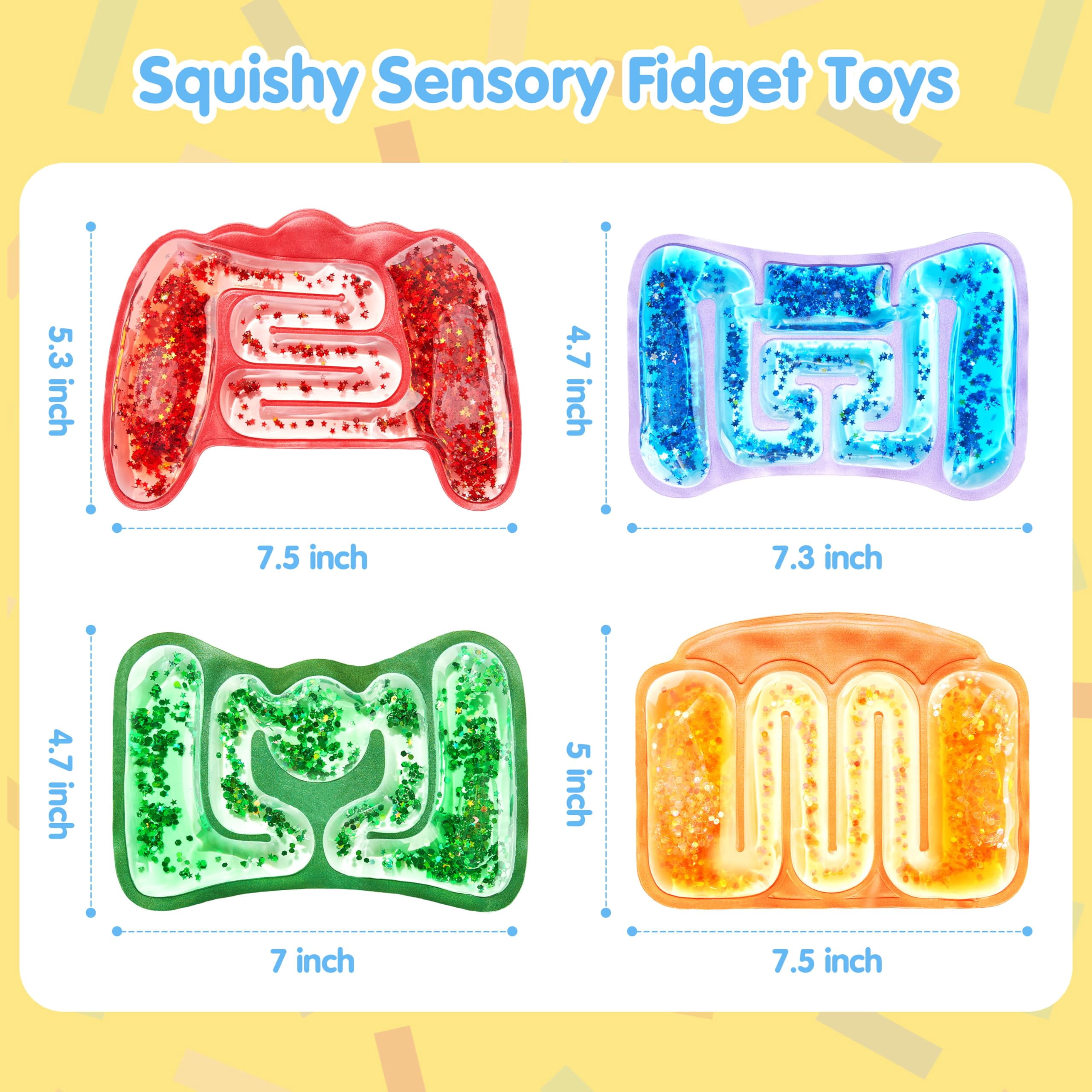 (2 pack) Joyfy 4 Pcs Sensory Toys for Kids Squishy Fidget Toys Stress Relief Sensory Products for Calm Down, Squeeze Fidget Tube for Classroom, Filled Goo & Glitter