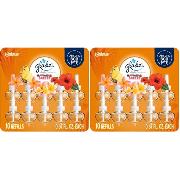 Glade PlugIns Refills Air Freshener, Scented and Essential Oils for Home and Bathroom, Hawaiian Breeze, 6.7 Fl Oz, 10 Count (Packaging May Vary) (Pack of 2)