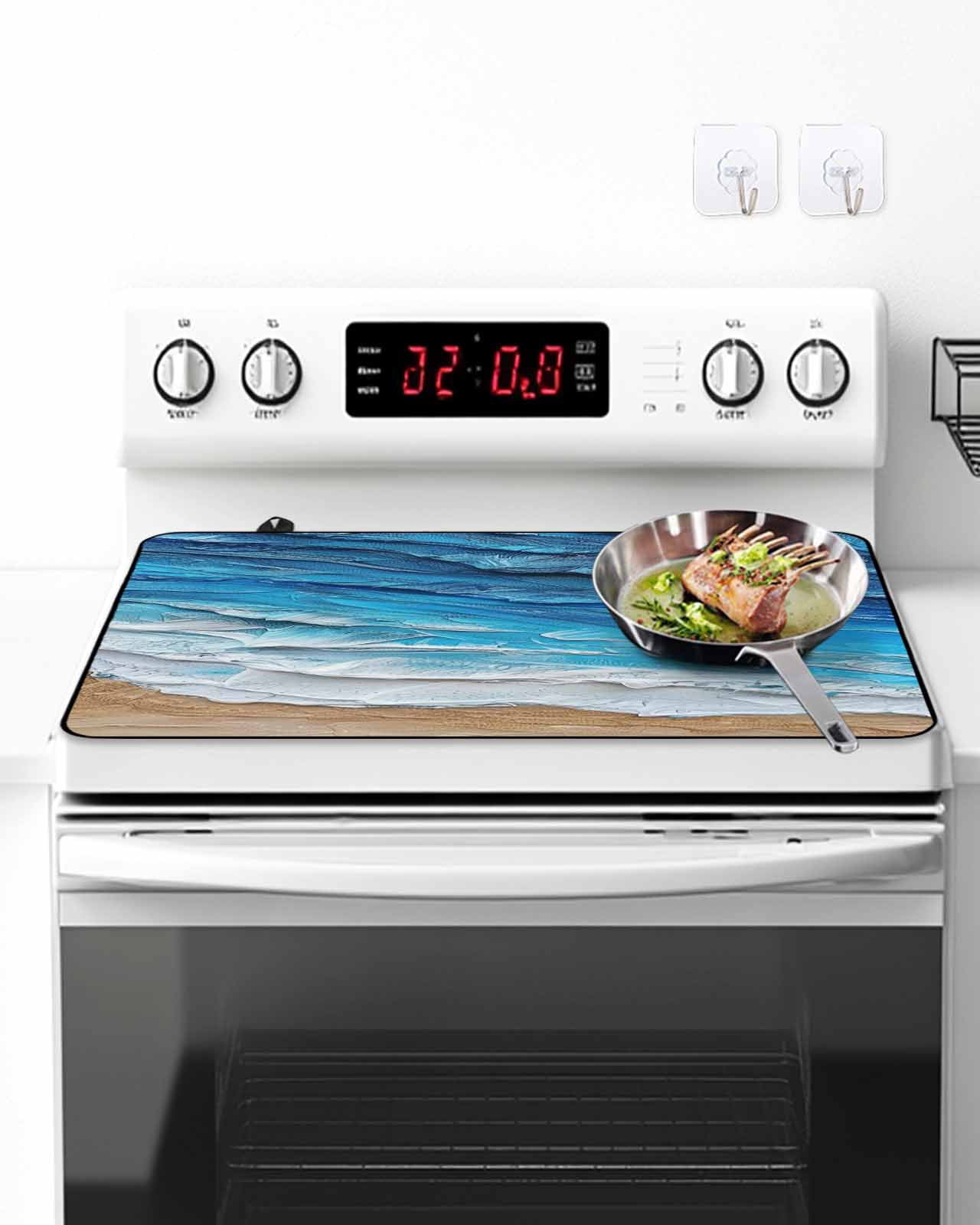 Stove Top Covers for Electric Stove, Blue Coastal Beach Glass Stovetop Cover Protector, Summer Nautical Oil Painting Induction Cooktop Protector Oven Mat for Kitchen Countertop 24"x21"