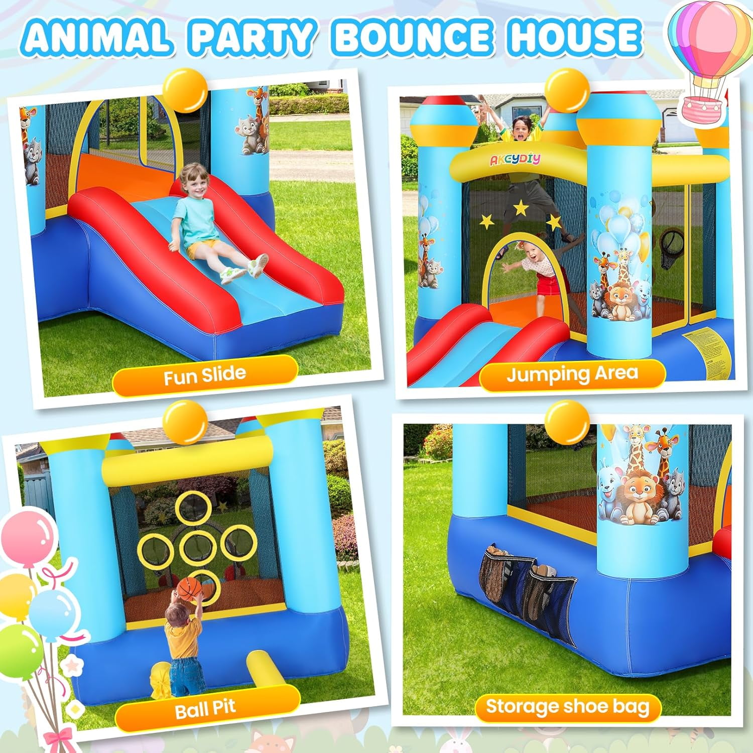 Qhomic Bounce House, Animal Themed Castle, Indoor Outdoor Inflatable Bounce House with Jumping Area, Slide, 370W Blower