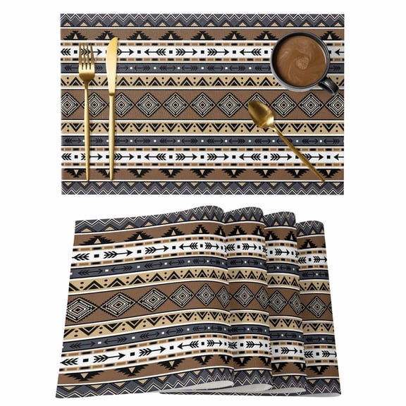 Brown Black Boho Placemats Set of 8 Vintage Tribal Striped Southwestern Place Mats Indoor Wipeable Table Mats Washable Cloth Dining Table Placemats for Kitchen Holiday Party Home Decor 13x19 Inch