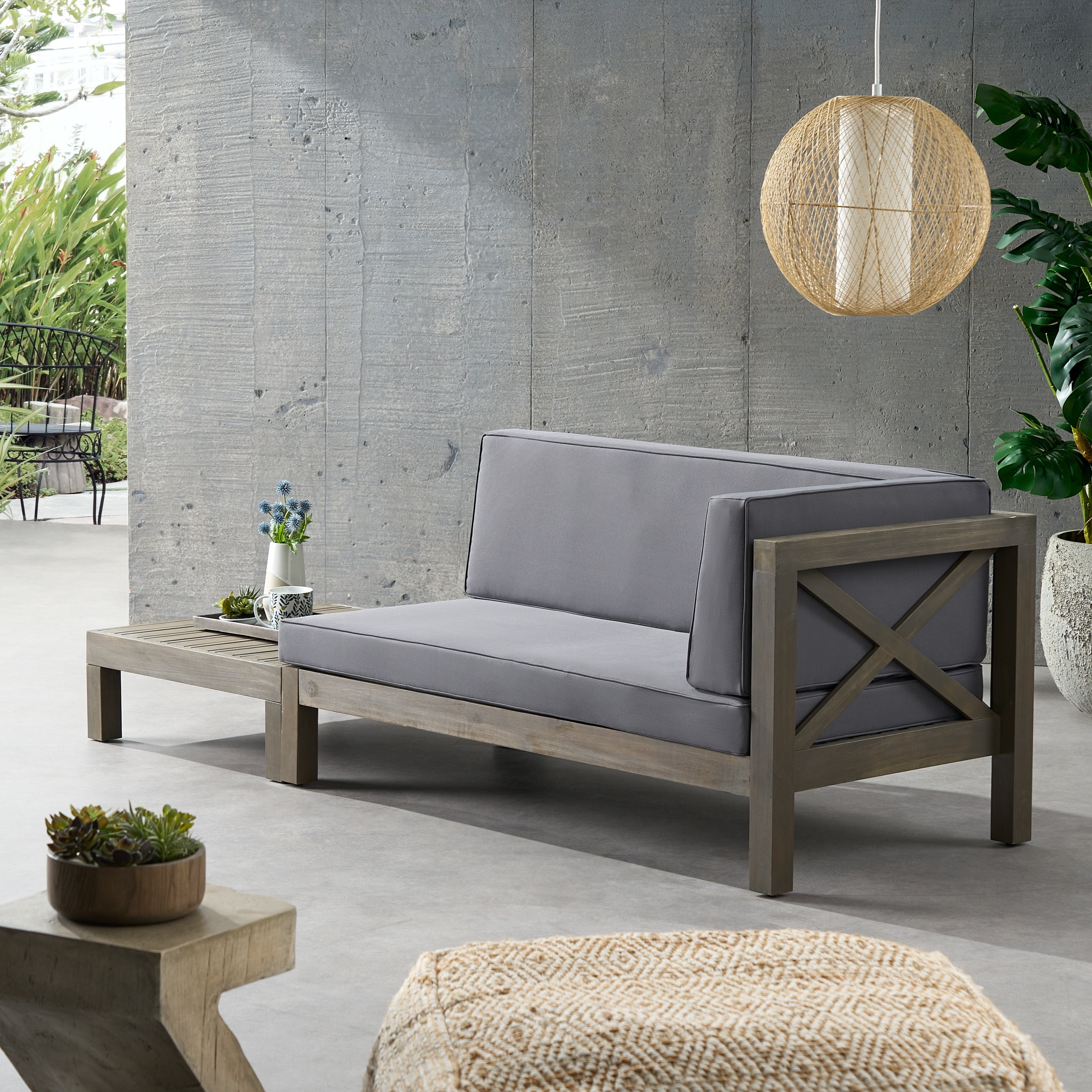 Elisha Acacia Wood Outdoor Right Arm Loveseat and Coffee Table Set with Cushion, Gray and Dark Gray