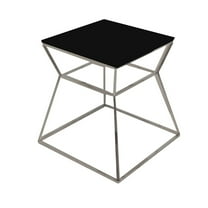 Benjara Lio 18" Side End Table- Black Glass Top- Silver Open Hourglass Frame