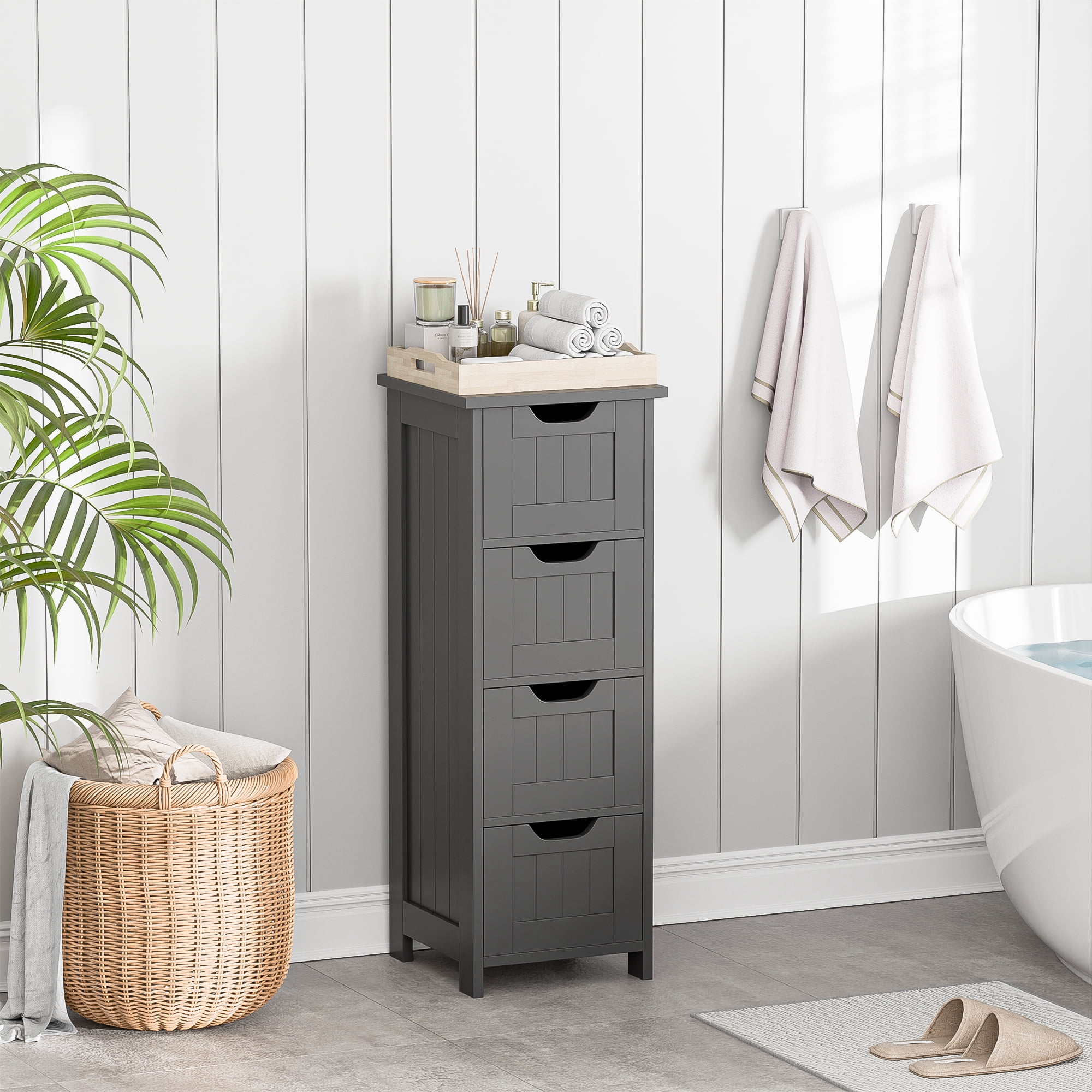 SuperDeal 4-Drawer Bathroom Storage Cabinet – Freestanding Wood Organizer Waterproof Small Side Cabinet for Home Living Room, Gray