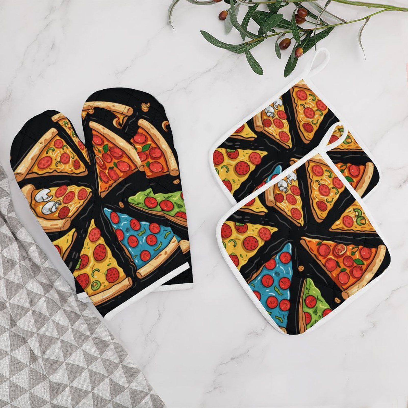 Fun Pizza Oven And Pot Holders Sets, Heat Resistant Pads Kitchen Decor for Cooking Baking BBQ Grilling, Christmas Kitchen Gifts