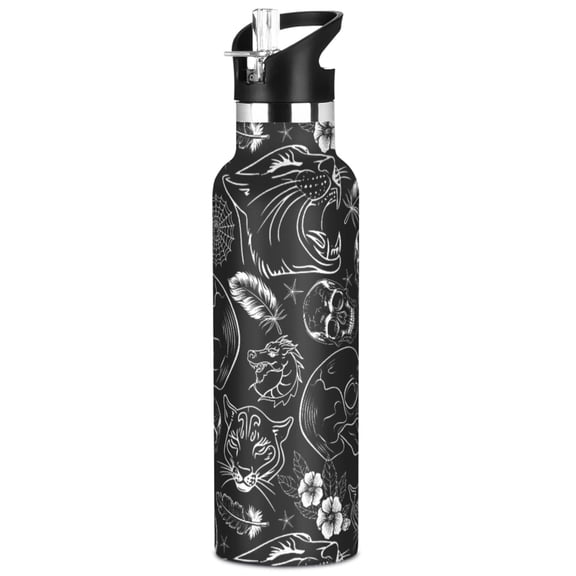 ALAZA Tattoo Skeletons Skulls Pattern Stainless Steel Water Bottle Vacuum Insulated Leak-Proof Tumbler with Straw Handle 20oz