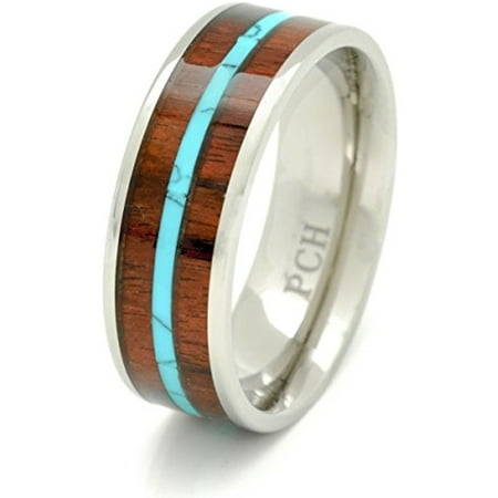 - Titanium Hawaiian Koa Wood and Turquoise Inlay Wedding Band Ring 8mm Size 7 to 15 (7.5)