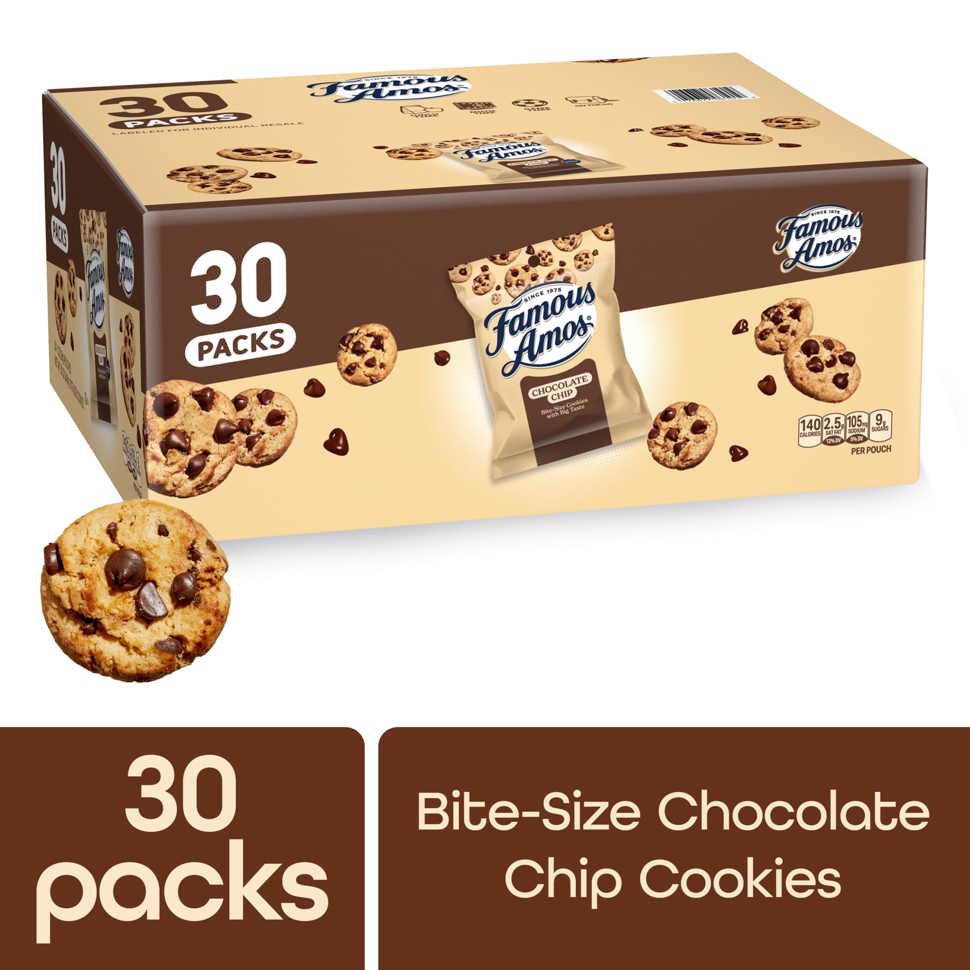 Famous Amos Classic Chocolate Chip Cookies, Bite-size cookies, Sweet Treats, 30 Pack Box, 1 oz Bag