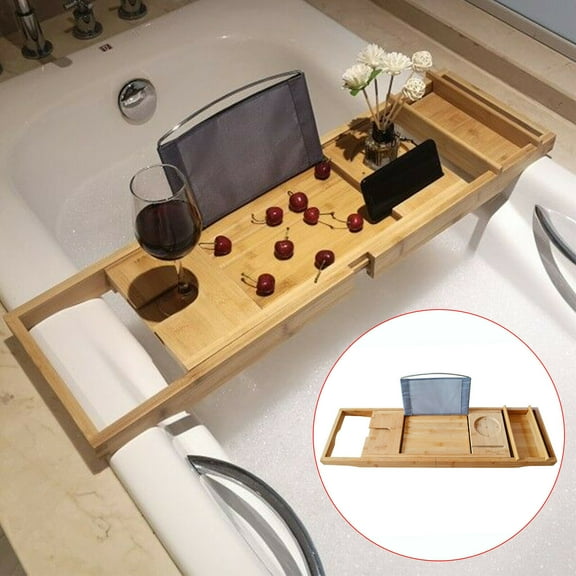 Adjustable Bamboo Bath Tray Table with Detachable Storage Box, Large Capacity Bathtub Shelf for Tablet, Snacks & Candles