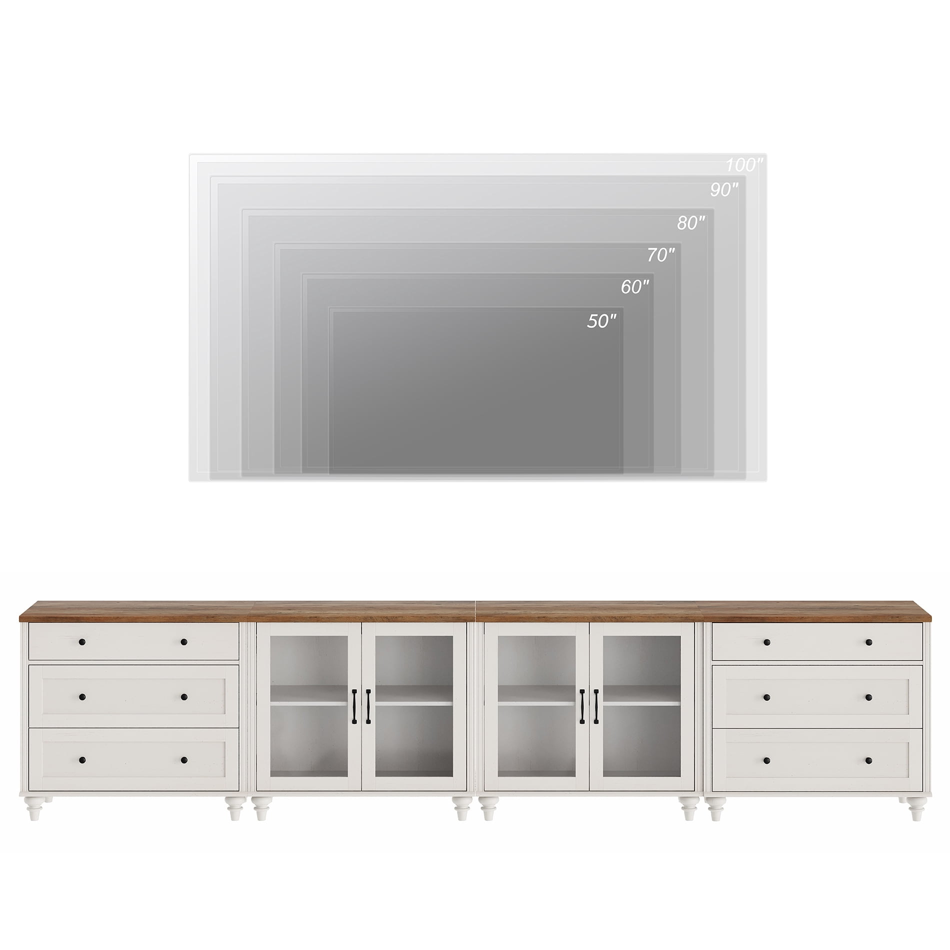 TV Stand for 100 Inch TV, TV Cabinet with 6 Drawers, Entertainment Centers with Glass Doors for Living Room, White