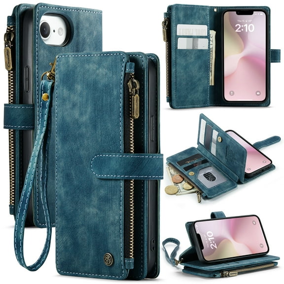 TECH CIRCLE for iPhone 17 Pro Leather Flip Wallet Case, Multifunction Premium PU Leather Zipper Flip Shockproof Case Built-in [Magnetic Closure][Kickstand][Card Slots][Wrist Strap],Blue