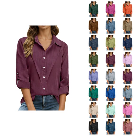 Long Sleeve Shirts for Women 2026 Spring Linen Roll Up Sleeve Button Lapel Collar Dressy Casual Office Work Blouse Tops