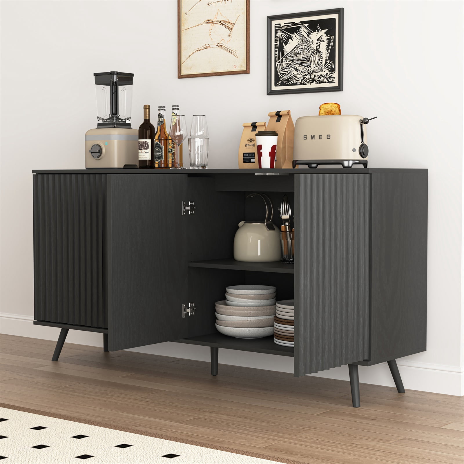 Hommoo Modern Wooden Sideboard Buffet Cabinet with Storage, Sideboard Storage Cabinet with 4 Doors, Multifunctional Credenza Console Coffee Bar Cabinets for Home, Office, Black