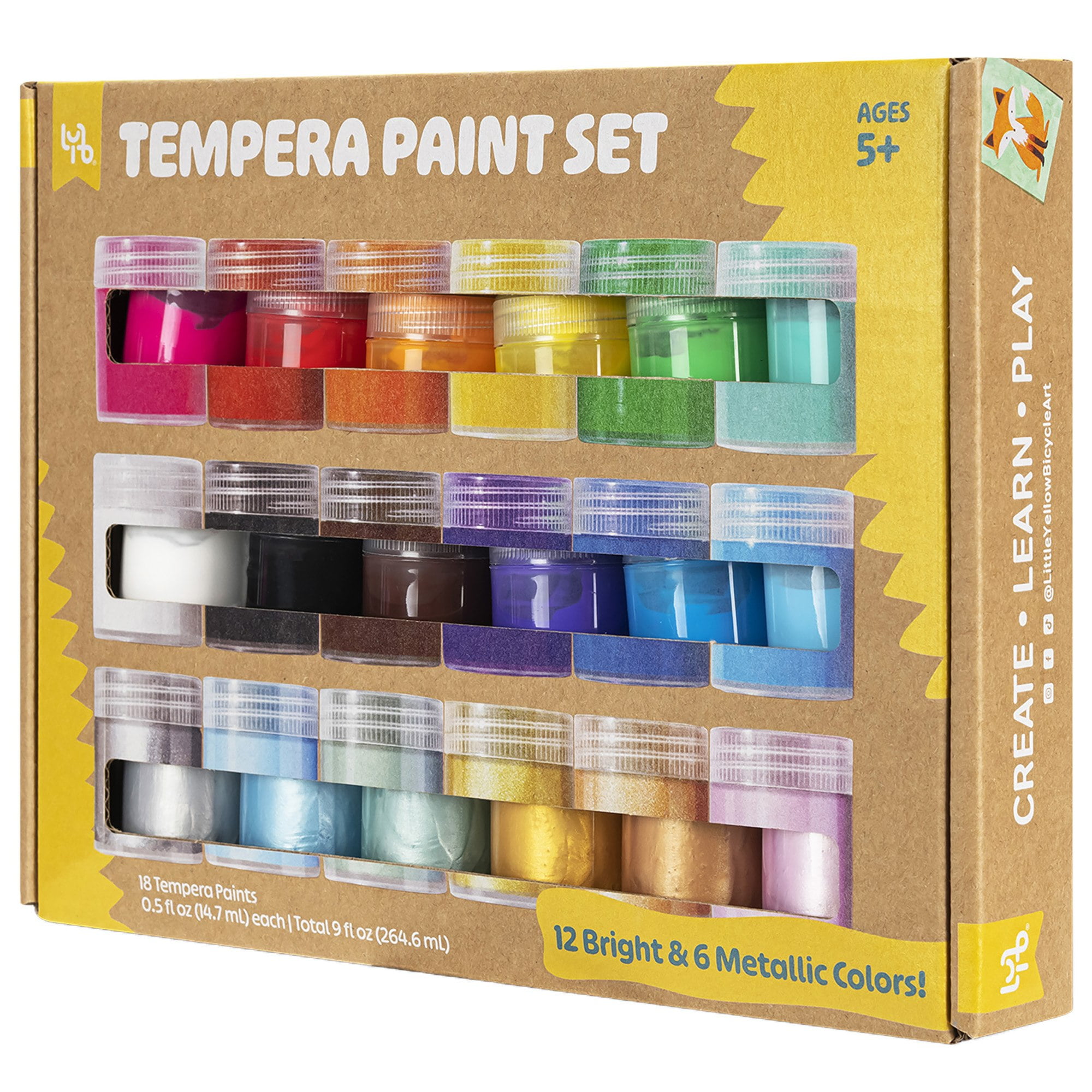 Little Yellow Bicycle: Tempera Paint Set - 12 Bright & 6 Metallic Colors, 0.5oz Pots, 18 ct Washable Paints, Art & Crafts Supplies, Kids Ages 5+