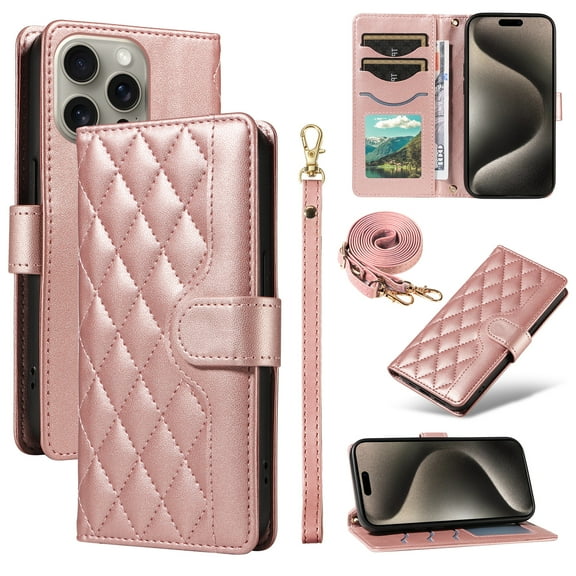 Crossbody Wallet Case for iPhone 12 Pro Max, Credit Card Slots Elegant PU Leather Magnetic Closure Shoulder Strap Purse Phone Case Flip Kickstand Full Body Protection Cover for Women Girls, Rosegold