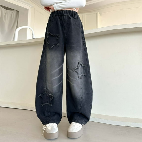 ZHOGXU Big Girls Jeans With Pocket Elastic Waist Star Appliques Wide Leg Loose Fit Comfortable Denim Pants For Casual Daily Wear Black 4-5 Years