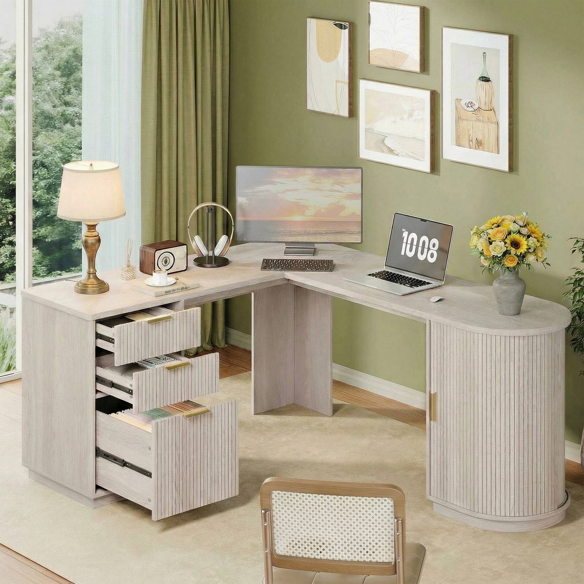 67 Inch Fluted L Shaped Desk, Mid Century Modern Corner Desk with Drawers and  Charging Station, Home Office Executive Wooden Computer Desk with Storage Cabinet & File Drawer, Alder White