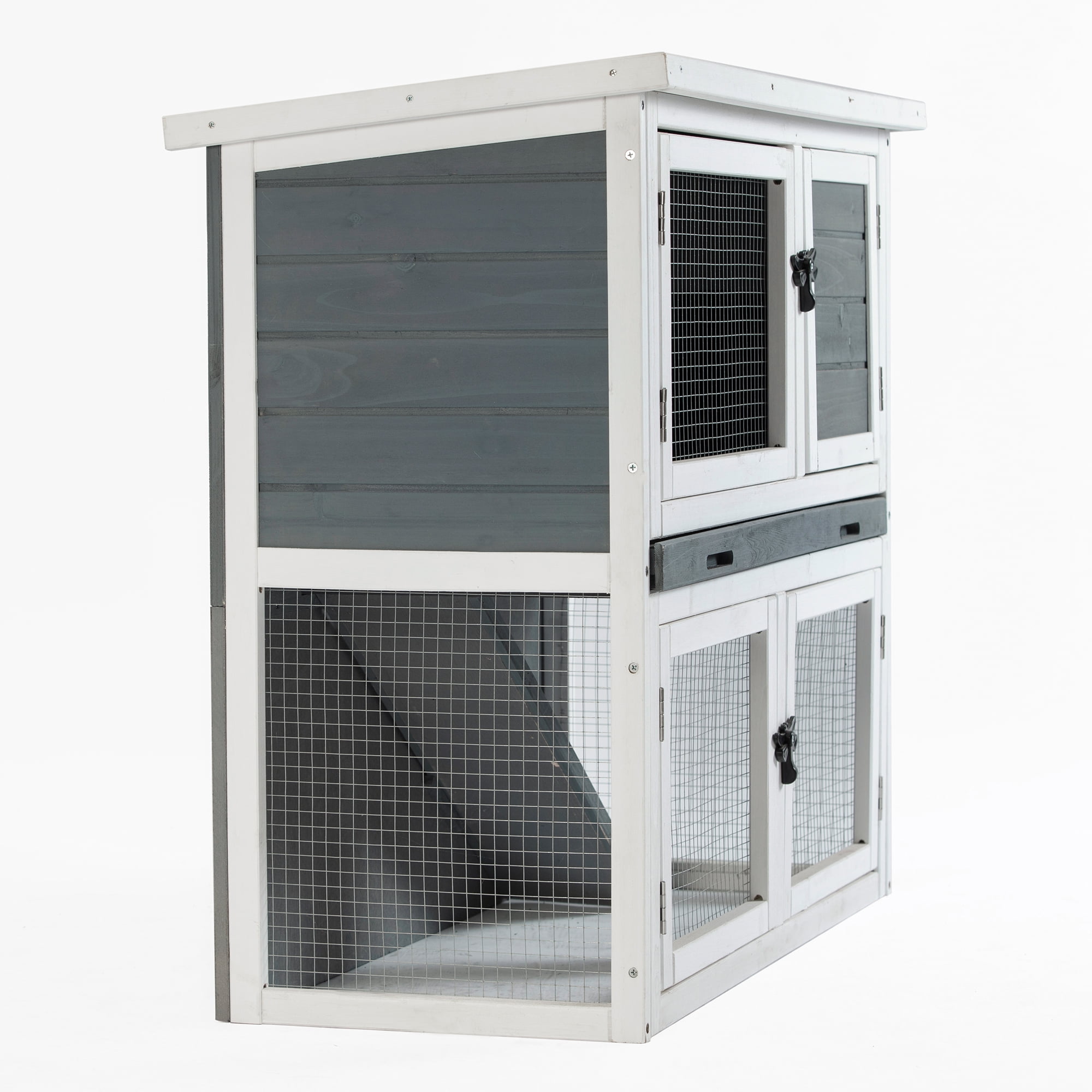 Pefilos 36" Solid Wooden Rabbit Hutches with Easy Clear Tray 2-Layer Rabbit Cages for Outdoor Hen House Open-able Roof, Gray Pefilos 36" Solid Wooden Rabbit Hutches with Easy Clear Tray 2-Layer Rabbit Cages for Outdoor Hen House Open-able Roof, Gray