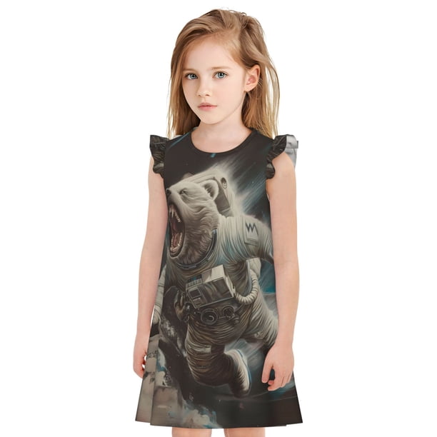 Balery Astronaut Polar Bear Roar Camisón de princesa para niñas, pijama de algodón con mangas abullonadas, suave y bonito.-Medium