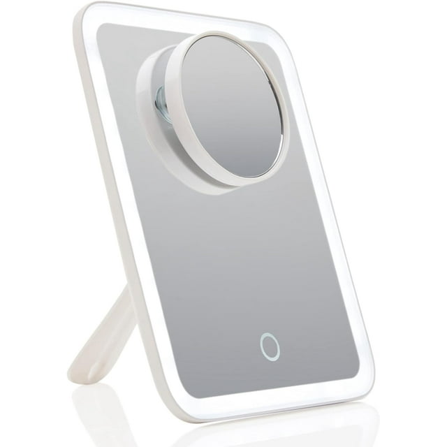 Portable LED Makeup Mirror with Light Settings x / x Magnifying Mirror Cordless Lighted Vanity Mirror Travel Dual Power Rotatable Kickstand Aura Go (Rose Gold)