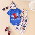 thumbnail image 2 of UngA Newborn Baby Boy My 1st 4th Of July Outfit Long Sleeve Letter Romper Stars Striped Suspender Pants Hat 3Pcs Set Fourth of July Baby Boy Outfit Blue,3-6 Months, 2 of 5