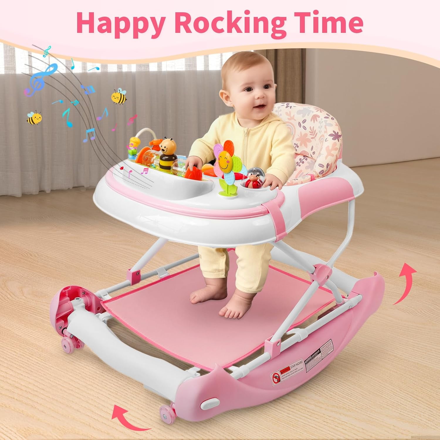 5 in 1 Baby Walker (Walk,Jumper,Rocking,Push,Eating Mode) for Boys Girls,Foldable,Music & Light,Height Adjustable,Wheel for Infant Babies,Pink Flower