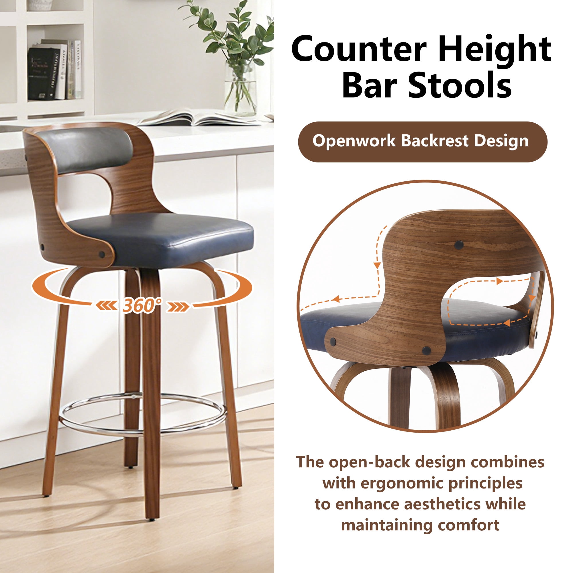 ClinQ 26 inch Swivel Bar Stools Set of 2, Counter Height Bar Chairs with Walnut Legs and Silver Ring Footrest, Upholstered Faux Leather, Blue