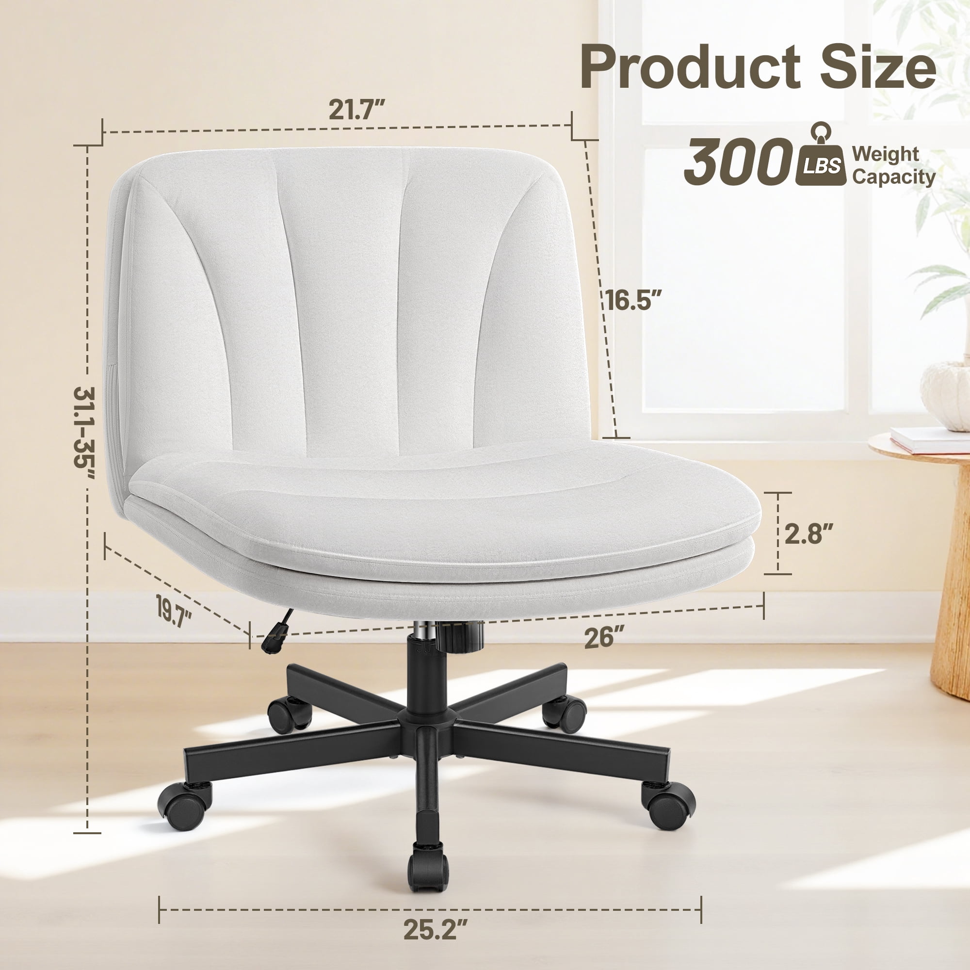 ATHOPE Criss Cross Chair with Wheels, 26"W Cross Legged Office Chair, Armless Vanity Desk Chair with 2 Layer Back & Seat, Swivel Height Ajustable for Home Office Bedroom, White Velvet