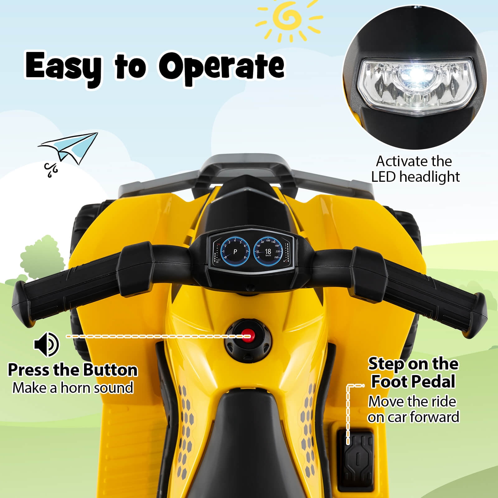 Infans CAT Licensed Kids Ride on ATV with Horn Sound LED Headlight Foot Pedal
