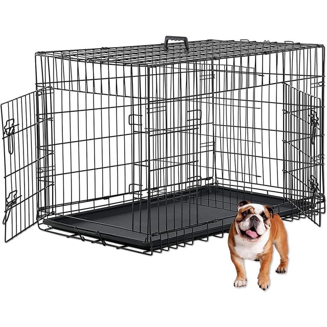 Jaula Para Perros Perrera Plegable Para Perros Jaula De Metal De Doble Puerta Suministros Para Cachorros Jaula Con Panel Divisor Bandeja De Plástico Para Mascotas Animales Al Aire Libre Interior Kearding PT002220-00
