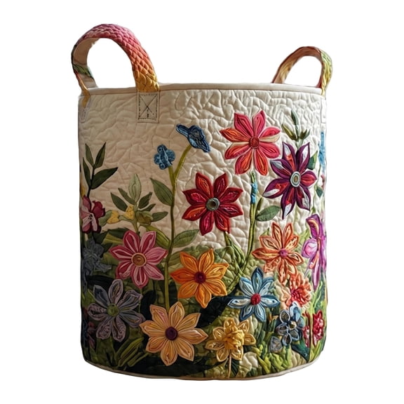 Laundry Basket – Quilted Fabric Boho Floral, Soft-Sided (14"H x 18"D), No Frame, for Dry Clothes, Toys, Nursery or Bedroom Storage
