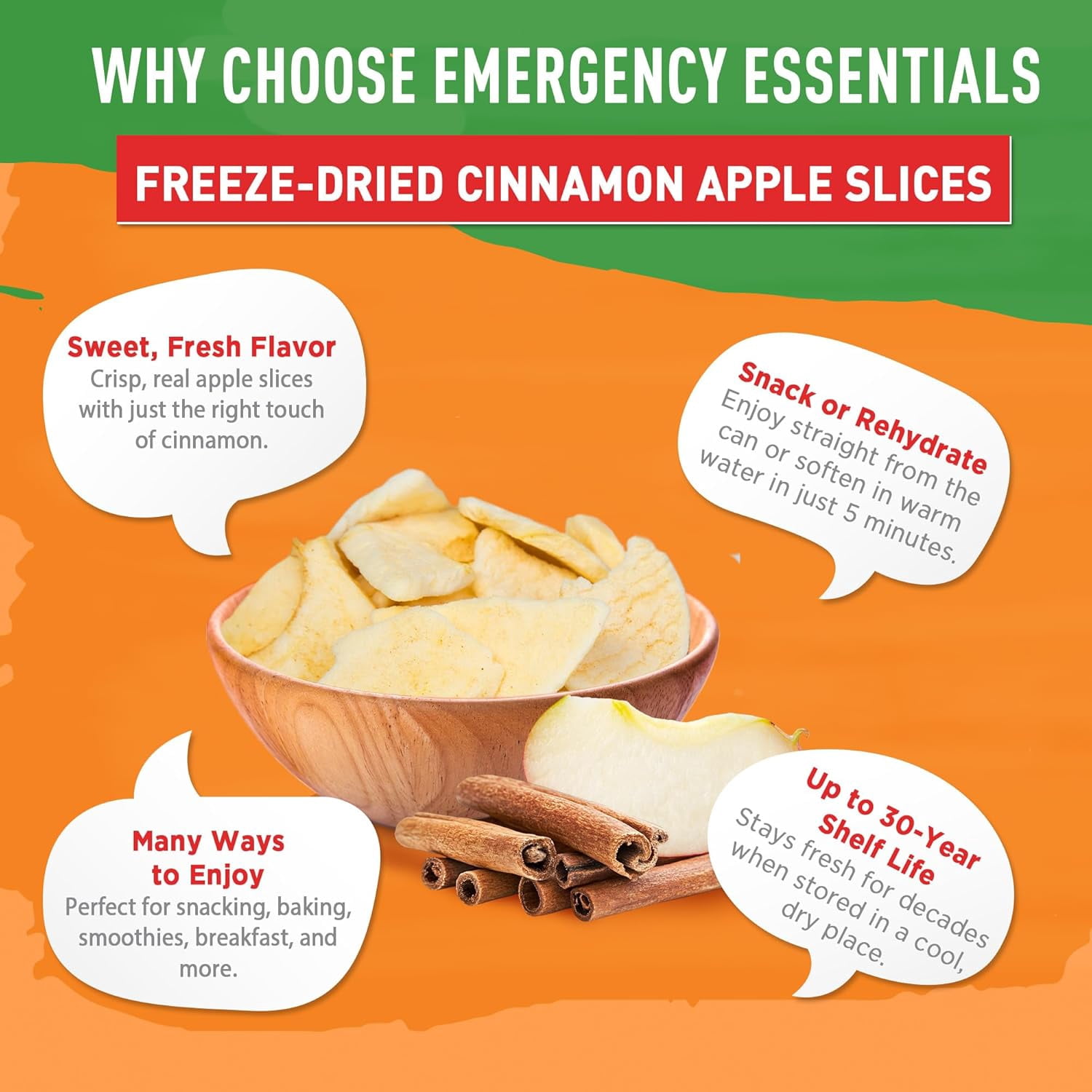 Emergency Essentials Freeze-Dried Cinnamon Apple Slices #10 Can, Fruit, Apples, Freeze-Dried Snacks, Nutritious Emergency Bulk Food, Long 25-Year Shelf Life