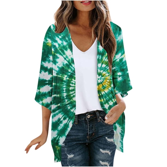 Tauxra Women's Sun Protection Cardigans for Women Lightweight Casual Open Front Shrugs 3/4 Sleeve Print Chiffon Tops, Polyester Fashion Cover Up for Daily Wear