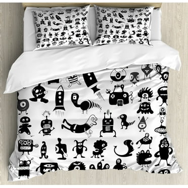 Doodle King Size Duvet Cover Set, Cartoon Style Doodles with Space Themes Aliens Spaceships Beasts Abstract Artwork, Decorative 3 Piece Bedding Set with 2 Pillow Shams, Black White, by Ambesonne