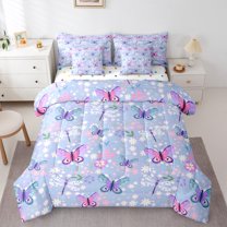 Castle Fairy Teenagers Flying Butterflies Dragonflies Twin Bedding Sets 7-Piece,Chic Floral Flower Bedding Comforter Set Microfiber,Spring Garden Breathable Sheet Sets,Super Cozy Room Decor